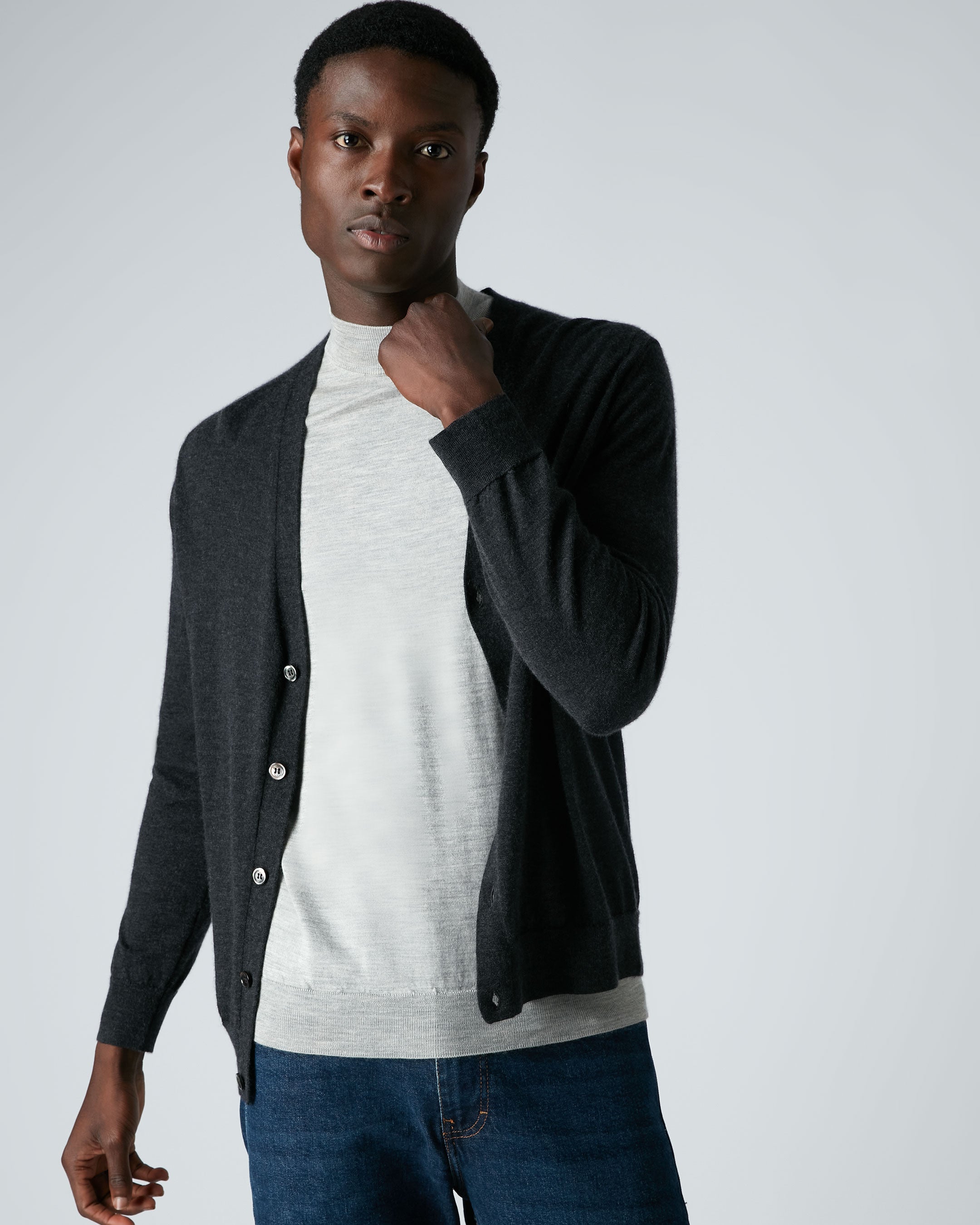 Heren Curzon Fine Gauge Cashmere Cardigan Donker Antracietgrijs