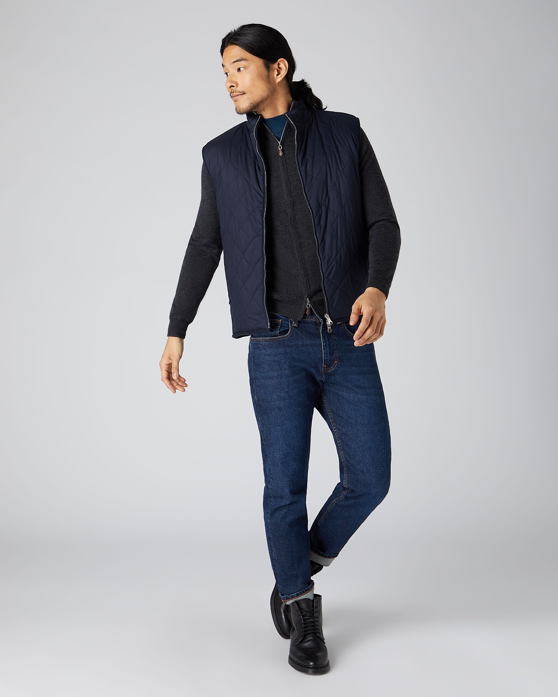 Heren Hyde Fine Gauge Cashmere Full Zip Trui Donker Antracietgrijs
