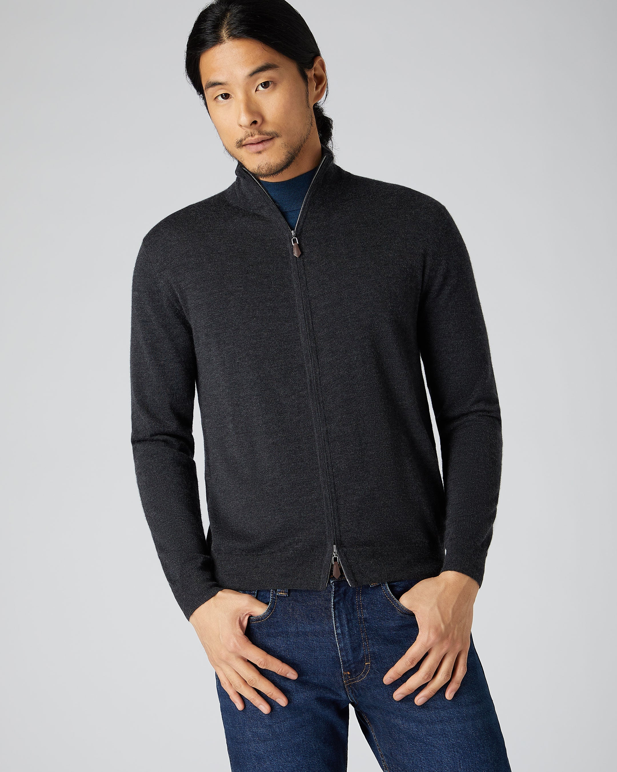 Heren Hyde Fine Gauge Cashmere Full Zip Trui Donker Antracietgrijs