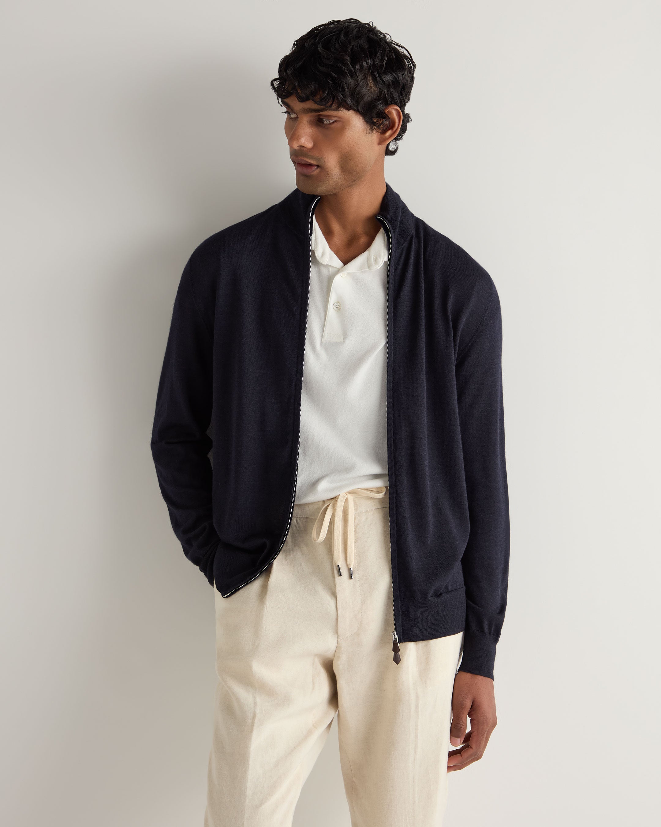 Heren Hyde Fine Gauge Cashmere Full Zip Trui Marineblauw